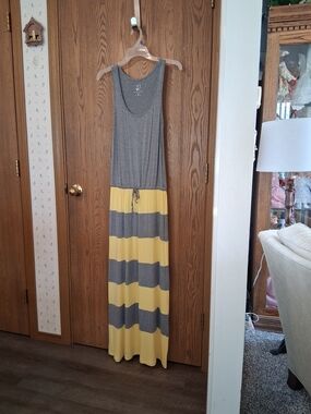 New York & Company Gray and Yellow Striped Racerback Maxi Dress